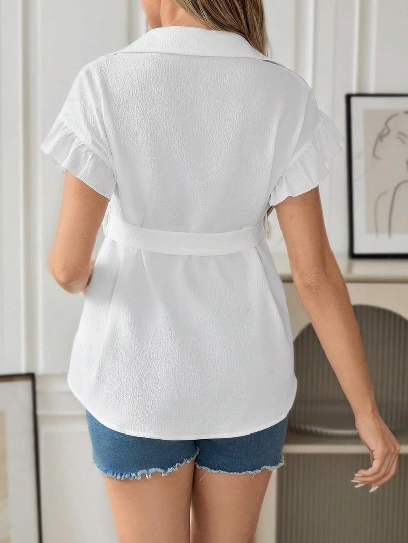 MakeMeChic Women's Maternity Blouse Short Sleeve Collar Belted Button Down Pregnancy Shirt - Image 2